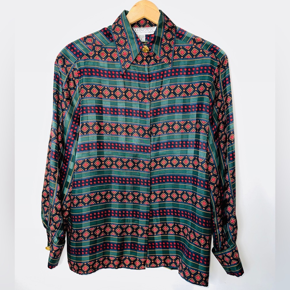 Beautiful Vintage 100% Silk Multicolor Stripe Paisley Floral Print Top Size 8